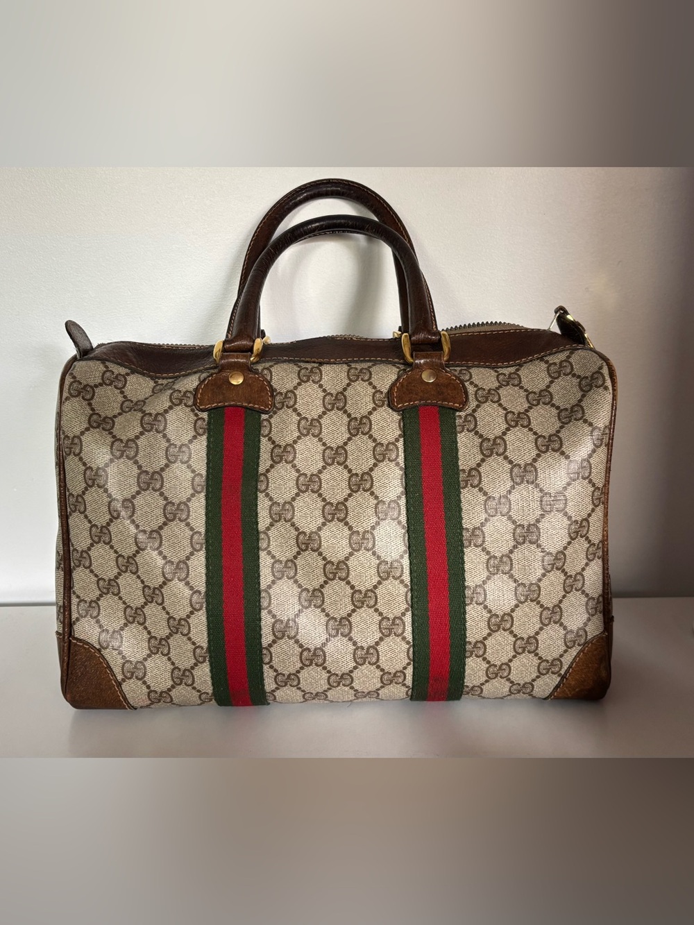 Authentic Vintage Gucci GG Supreme Boston Bag – Web Stripe Duffle